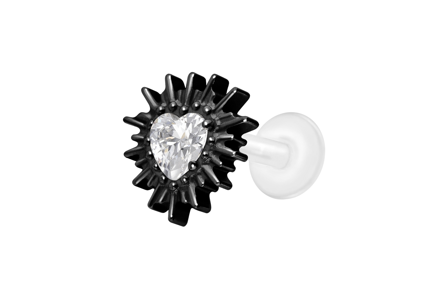 PTFE Labret Piercing mit Innengewinde + Titan-Aufsatz KRISTALLHERZ + SONNENSTRAHLEN